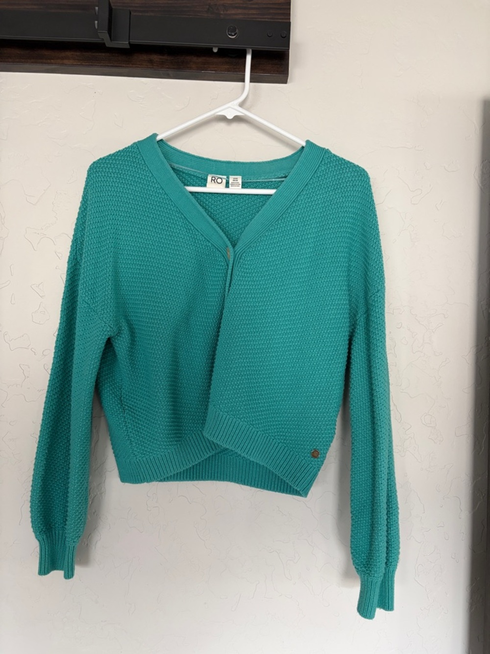 Roxy Teal Cropped Button-Front Knit Cardigan